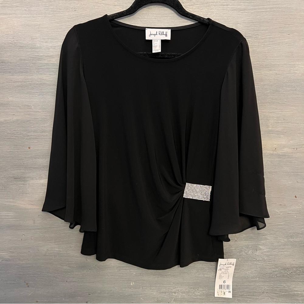 Joseph Ribkoff Elegant Black Sheer Flare Sleeve Ruched Side Blouse Size 6 NWT‎